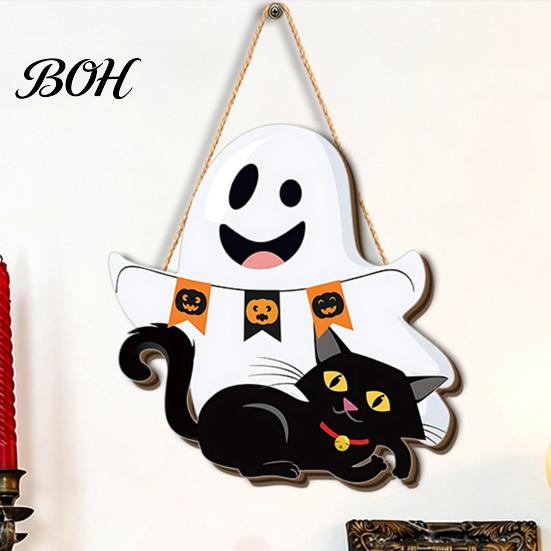 Easy Clean Festive Door Hanger Cute White Ghost Wooden Sign with Black Cat BOO Boho Halloween Room Decoration Banner, Waterproof Front Plaque