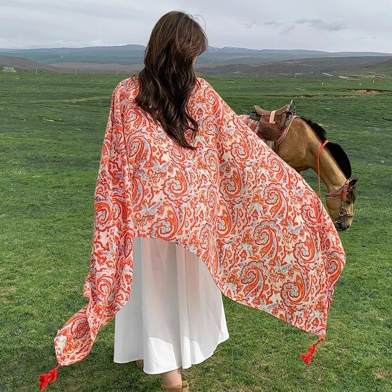 Design Brand Women Scarf Sunscreen Cotton Shawls Dual-Use Summer Autumn Long Scarves Seaside Holiday Beach Towel Beachwear Veils