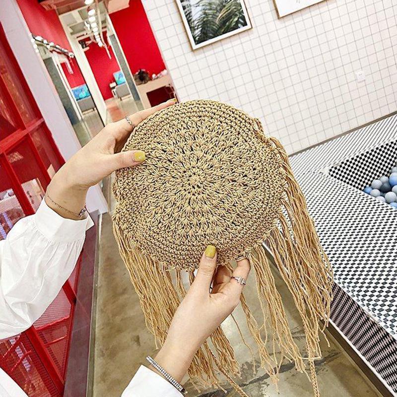 Yogodlns Fashion Round Hand-woven Woman Shoulder Bag Summer Travel Shopping Straw Beach Bags Tassels Female Small Messenger Bag