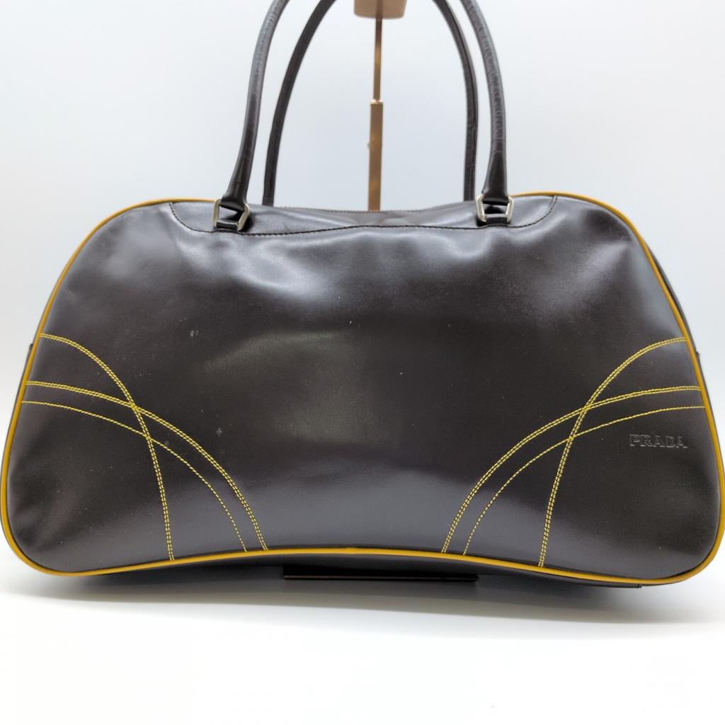Prada 2000 FW Archive Y2K 2000 1990s 00s Bowling Bag Mini Boston Handbag Chocolate Brown Mustard Yellow Stitching Genuine Leather