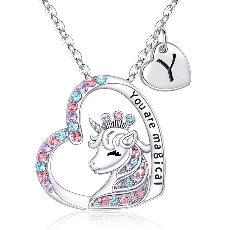 Initial Letter Unicorn Necklace You Are Magical Horse Pendant Necklaces For Girls Birthday Gifts