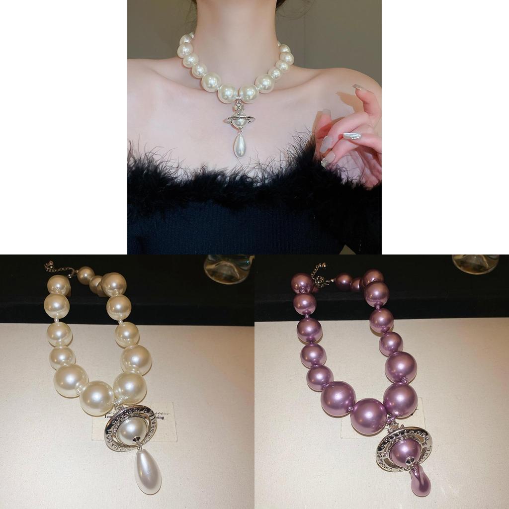 Saturn Pendant Necklace With Faux Pearl Chain For Elegant Women