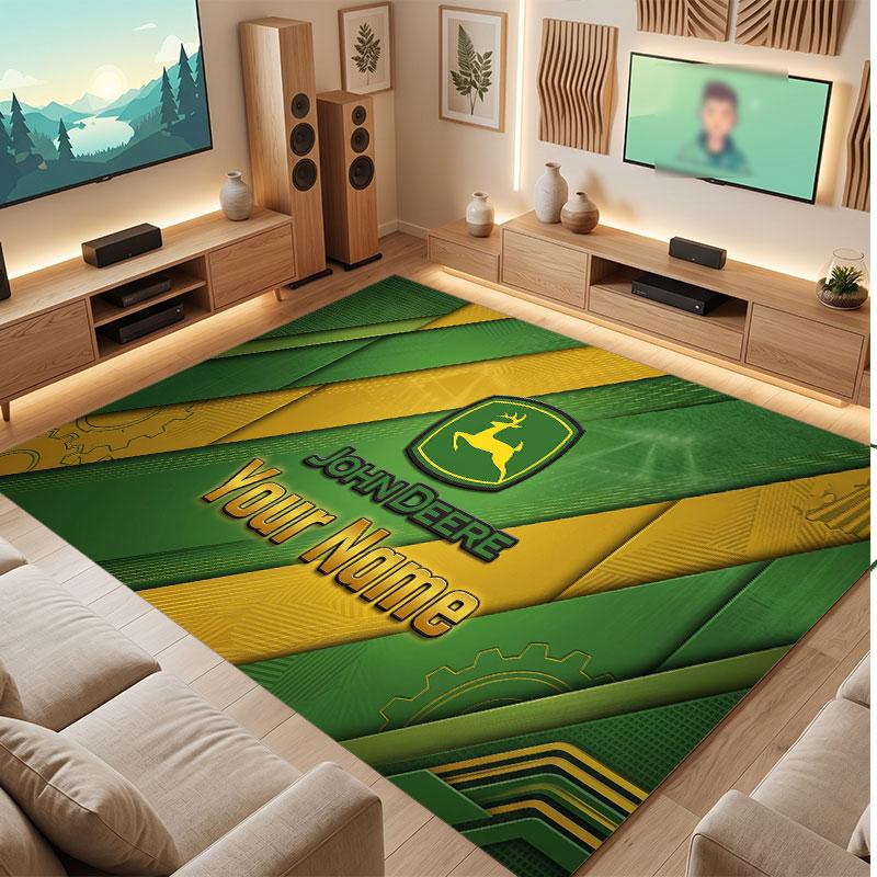 John Deere Personalisierter Kristall-Samt-Teppich, Benutzerdefinierter Namens-Text Weicher Anti-Rutsch-Teppich für Wohnzimmer Schlafzimmer