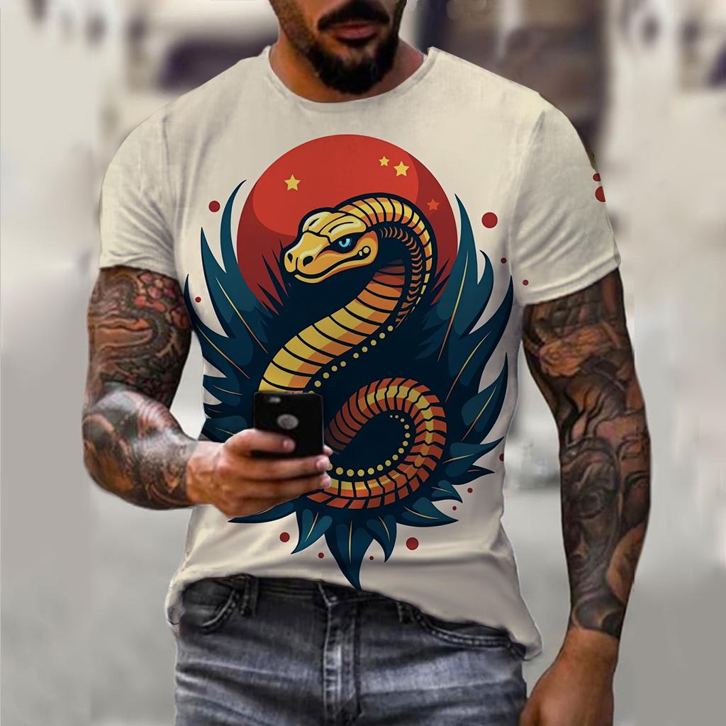 T-shirt décontracté à manches courtes pour homme imprimé 3D Année du Serpent du Nouvel An 2025 Confortable Respirant Imprimé Rétro