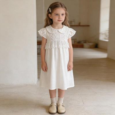 Girls' Korean Style White Flutter Sleeve Cotton Dress - Summer New Arrival Princess Dress