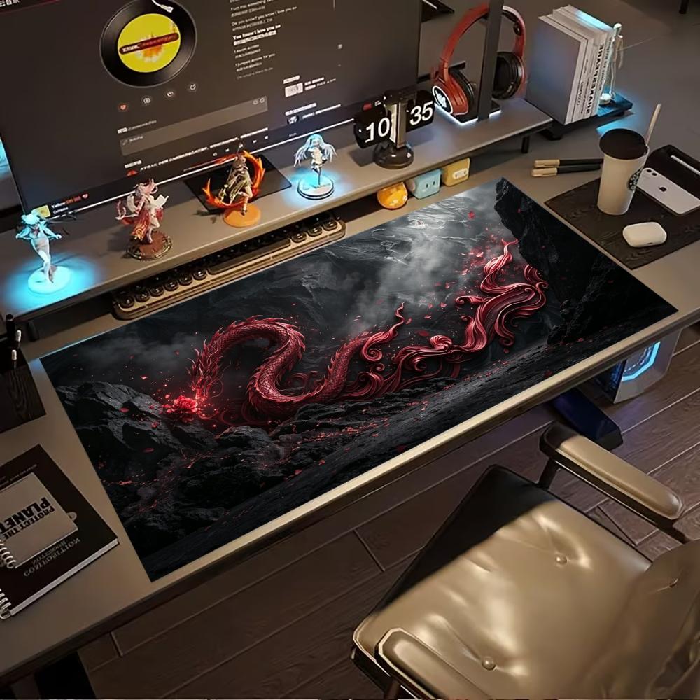 Übergroße Gaming-Schreibtischmatte Roter Drache Pflaumenblüten-Tuscheprint Rutschfeste Gummi-Verriegelungskanten-Matte für Laptop, Büro, Schreibtischzubehör