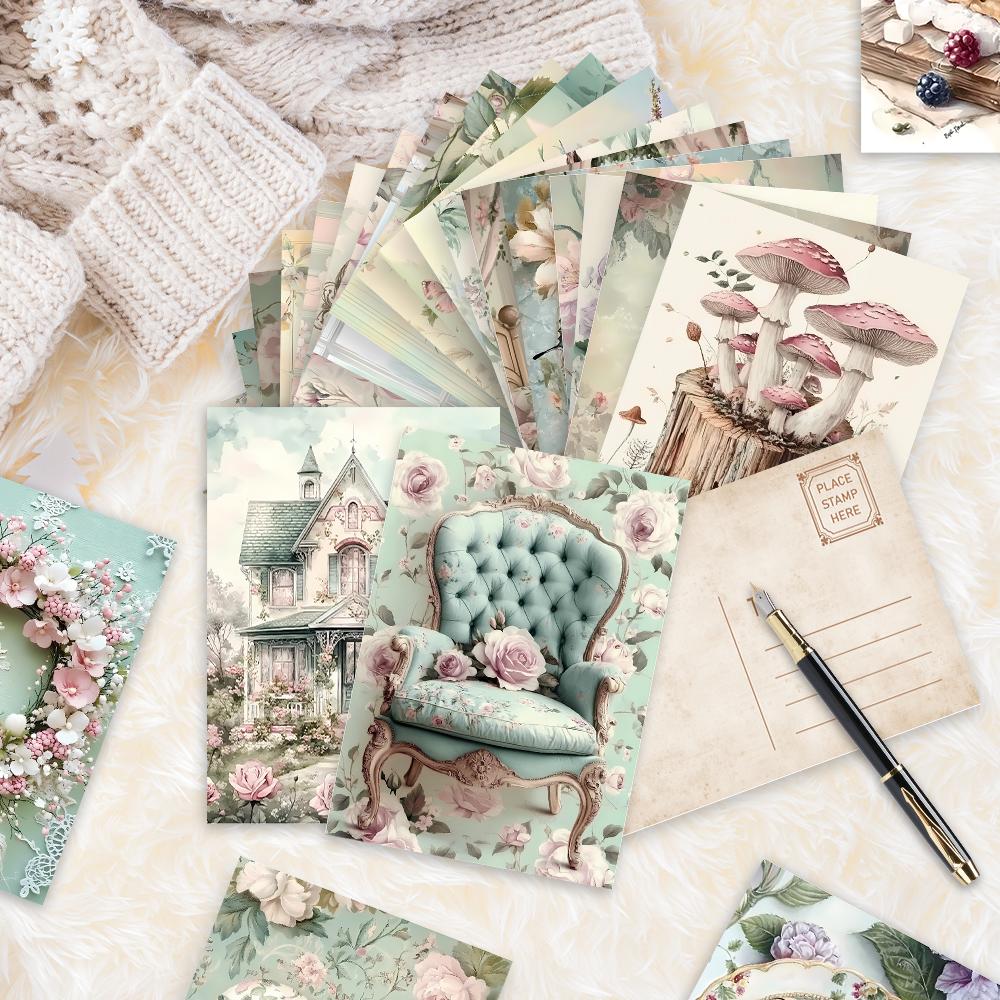 32pcs, Vintage Mint Spring Postcards, Perfect for Birthday/anniversary Gifts, Suitable for Collecting, Giving, and Mailing.