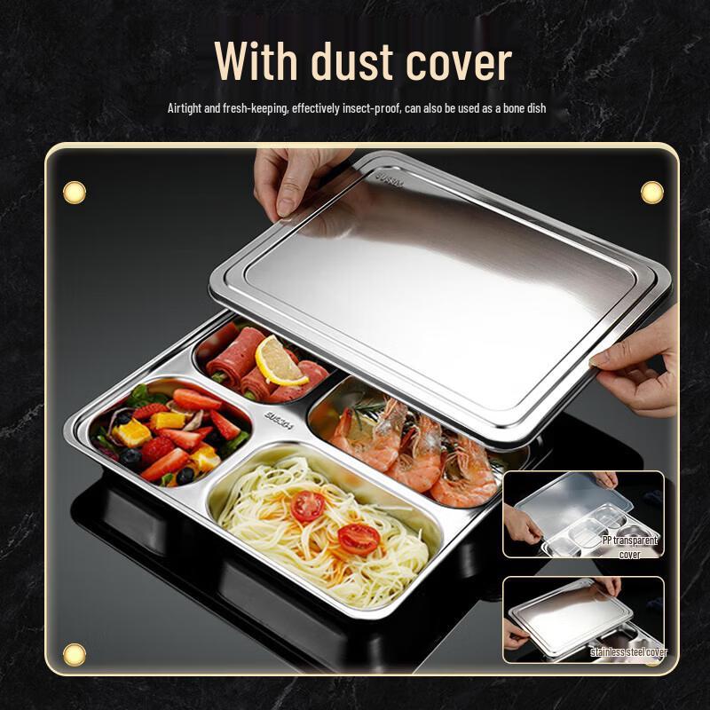 Huihuang Z 4-Compartment Deep Stainless Steel Meal Tray with Lid