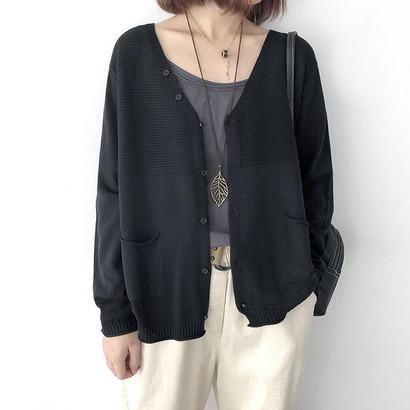 Spring and Autumn Loose V-neck Long Sleeved Knitted Cardigan Women's Top Autumn Thin Sweater Women's Coat