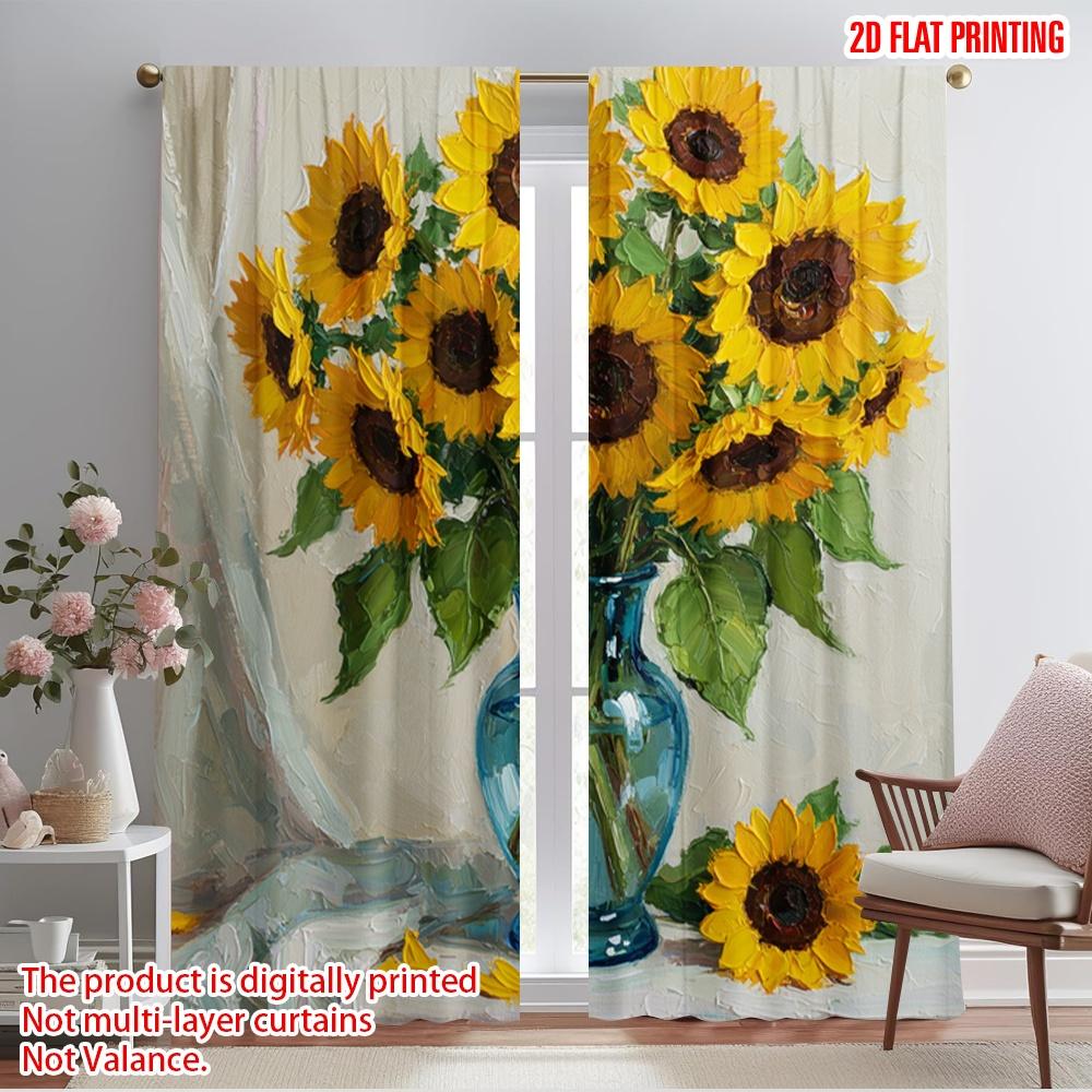2pcs 2D Flat Printing Curtains Sunflowers Vase Fruit Painting Fabric Without Electricity Birthday Party Use for New Year and