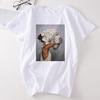 2023 New T-Shirt Women Harajuku Aesthetic Feather Flowers Printing Top Female T Shirts O Neck Short Sleeve White Tee Tops