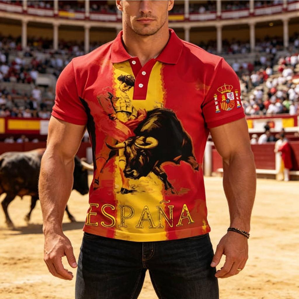 Men's Classic Polo Shirt Spanish Football Inspired Design Bullfighter and Bull Graphic Short Sleeve Casual Fit Top