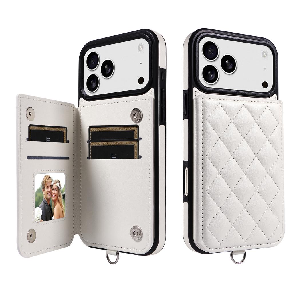 For iPhone 17 Pro Max Case Card Bag Kickstand Leather Coated TPU Phone Cover with Wrist Strap