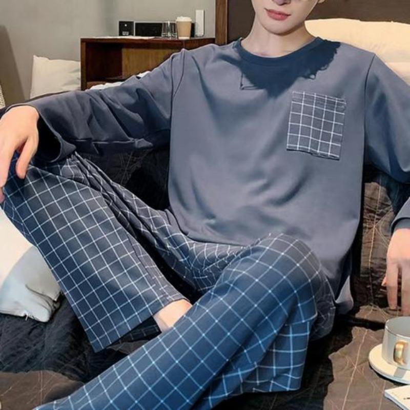 2 Teile/satz Männer Pyjamas Set Herbst Oansatz Langarm Plaid Brief Drucken Tops Elastische