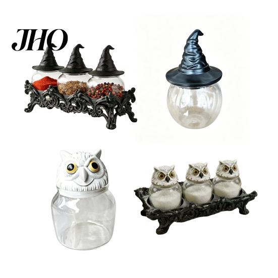 Contenant de stockage pour sachets de thé Pot à épices Pots en verre étanches avec couvercles en forme de chapeau de sorcière/hibou Scellés Contenants étanches à l'humidité pour assaisonnements et aliments secs Décoratifs