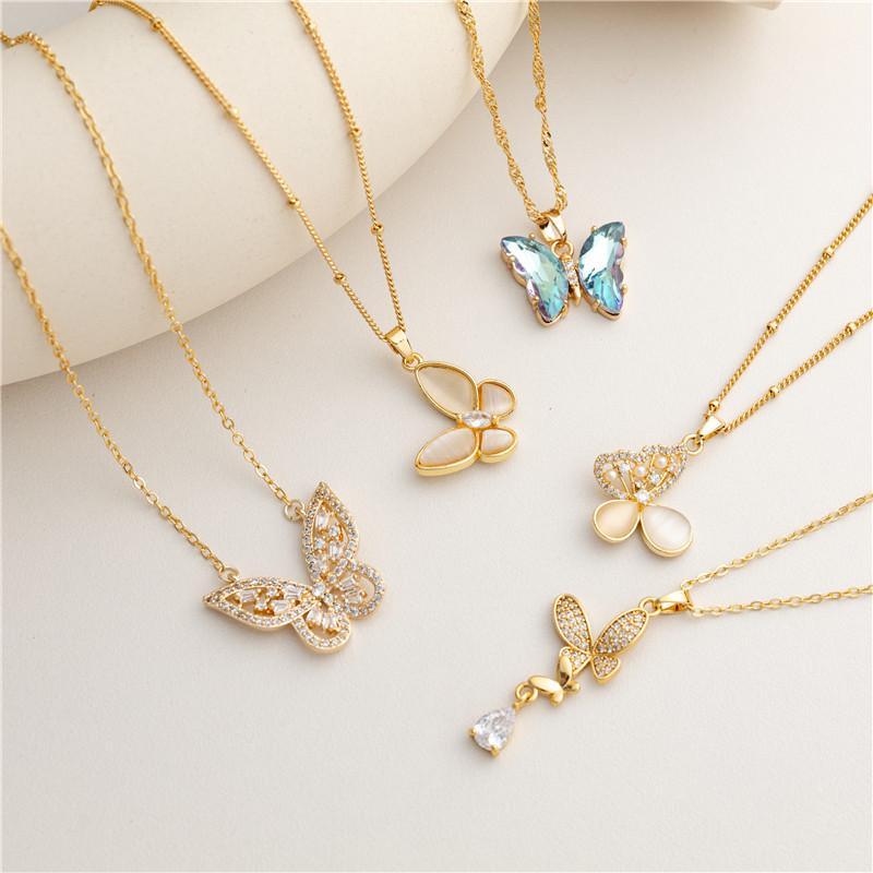 18k Gold Zircon & Diamond Necklace with Mother-of-Pearl Butterfly Pendant