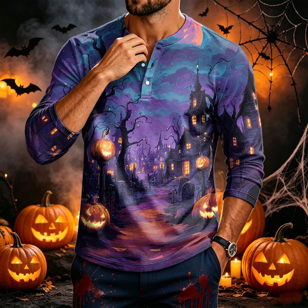 Men's Long Sleeve Shirt with Halloween Print for Festive Parties