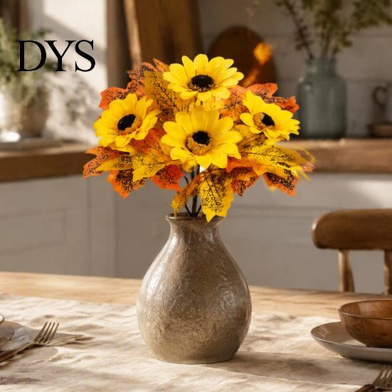 Holiday Gift for Thanksgiving Artificial Sunflower Maple Leaf Bouquet, Fall Flowers, Realistic Silk Faux Leaves Vase Flower Table Mantel Entryway