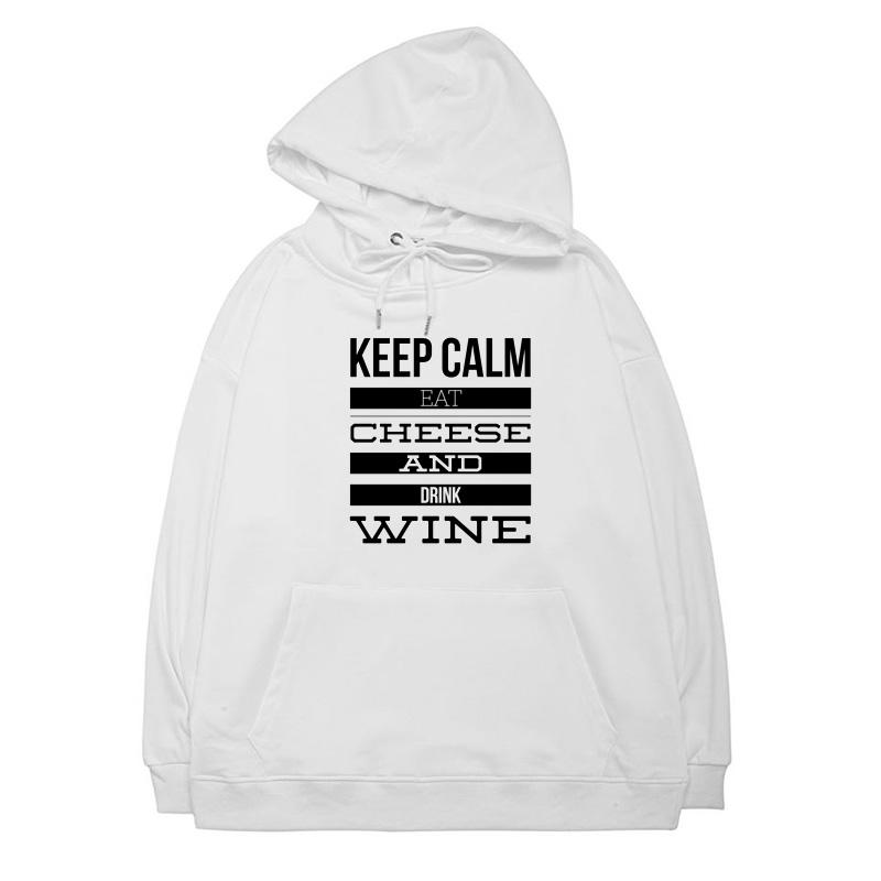 Buy Autumn Calmness Cheese And Wine Print Unisex White Hoodies Drawstring Pocket Female Pullover