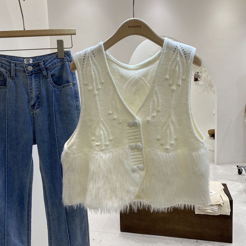 

Короткий вязаный жилет с меховым воротником-кисточкой для женских осенне-зимних новых моделей, надевается поверх, легкий кардиган-жилет S