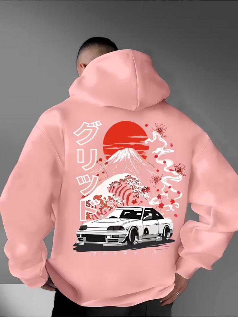Herren Casual Mode Japanisches Auto Thema Berg Element Druck Herbst/Winter Kapuzenpullover Langarm Pullover