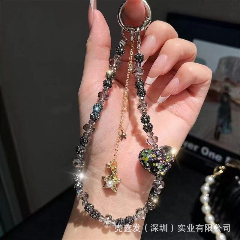 Premium sense full diamond love star tassel mobile phone chain crystal beaded bag keychain pendant short portable lanyard