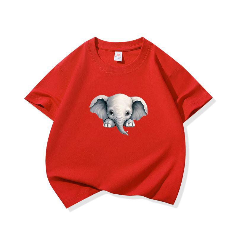 Kids Cotton T Shirt Cute Peeking Little Elephant Print Crew Neck Short Sleeve Tee Casual Breathable Boys Girls Summer Tops