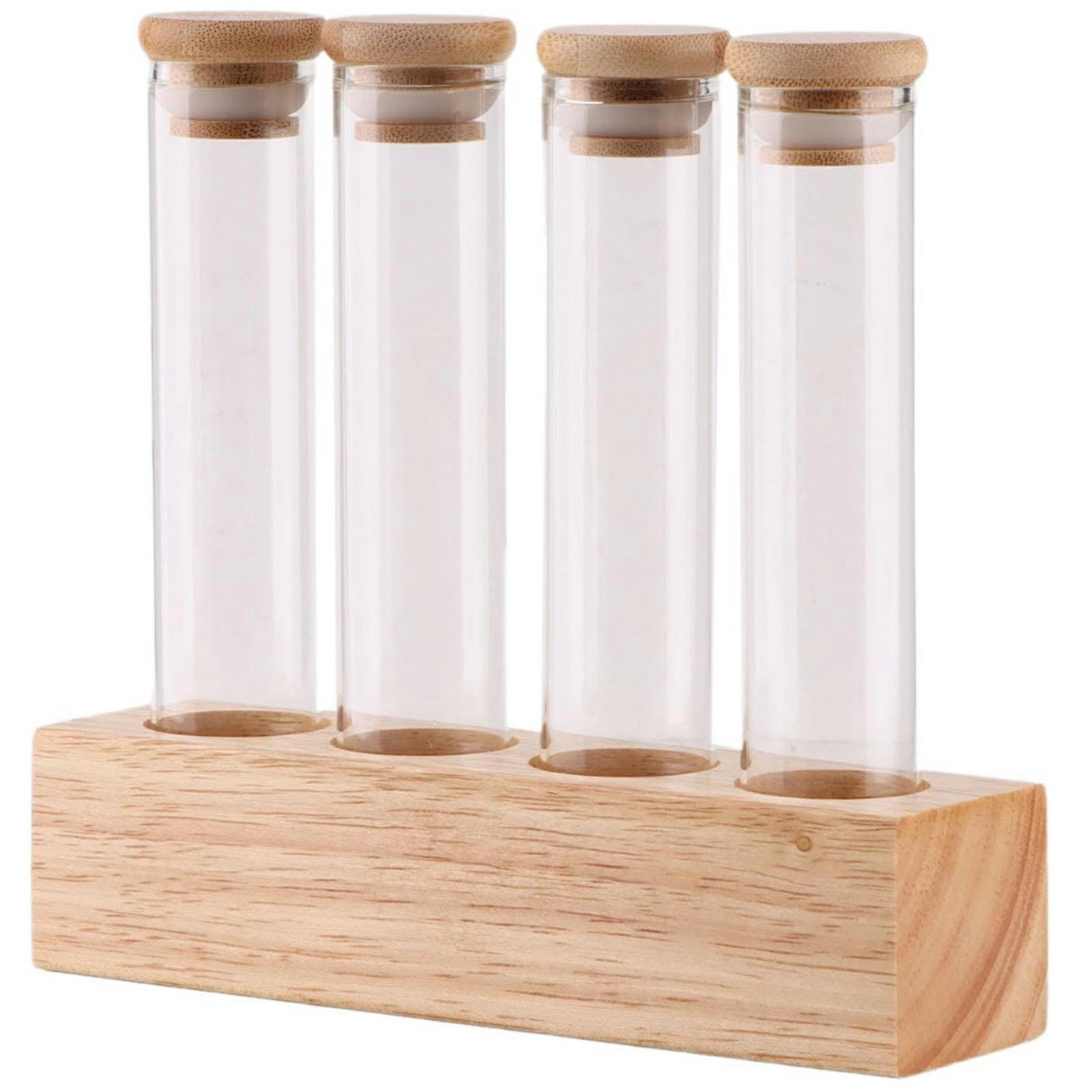 

Wooden Base Coffee Bean Display Stand with 4 Clear Glass Tubes for Cafe Bar Counter Storage A