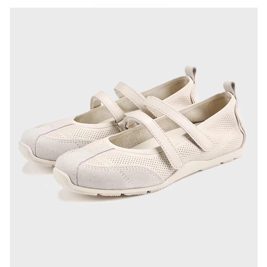 Leather red mesh light mouth double belt ballet shoes women's retro inner height increase versatile fashion Mary Jane shoes children