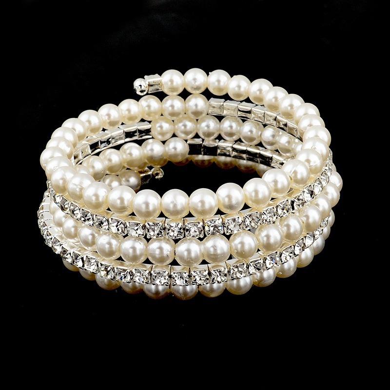 Multi-layer Pearl Rhinestone Bracelet, Female Elegant Flash Diamond Elastic Bracelet, Exaggerated Hand Jewelry, Versatile Accessories