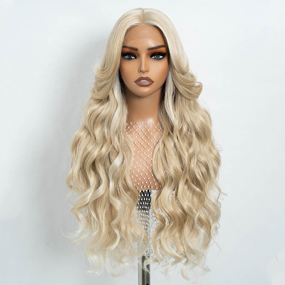 Synthetic Body Wave Lace Front Wigs For Women 28 inch Omber Blonde Black Lace Frontal Wigs Heat Resistant Fiber Cosplay Wig