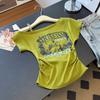 Slant Neck Off-the-shoulder T-shirt Women's Summer New Letter Printing Slim Waist Spice Girl Chic Super Good-looking Top