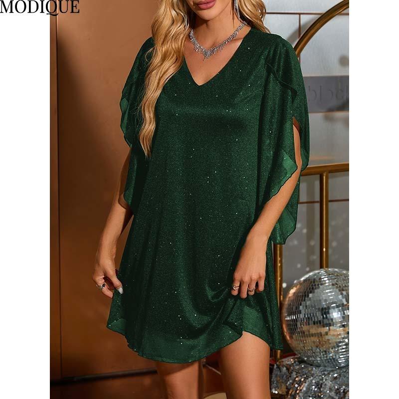 MODIQUE 2025 Summer New Ladies Sexy Elegant Deep V-Neck X-Line Sequin Mesh Cape Sleeve Short Dress