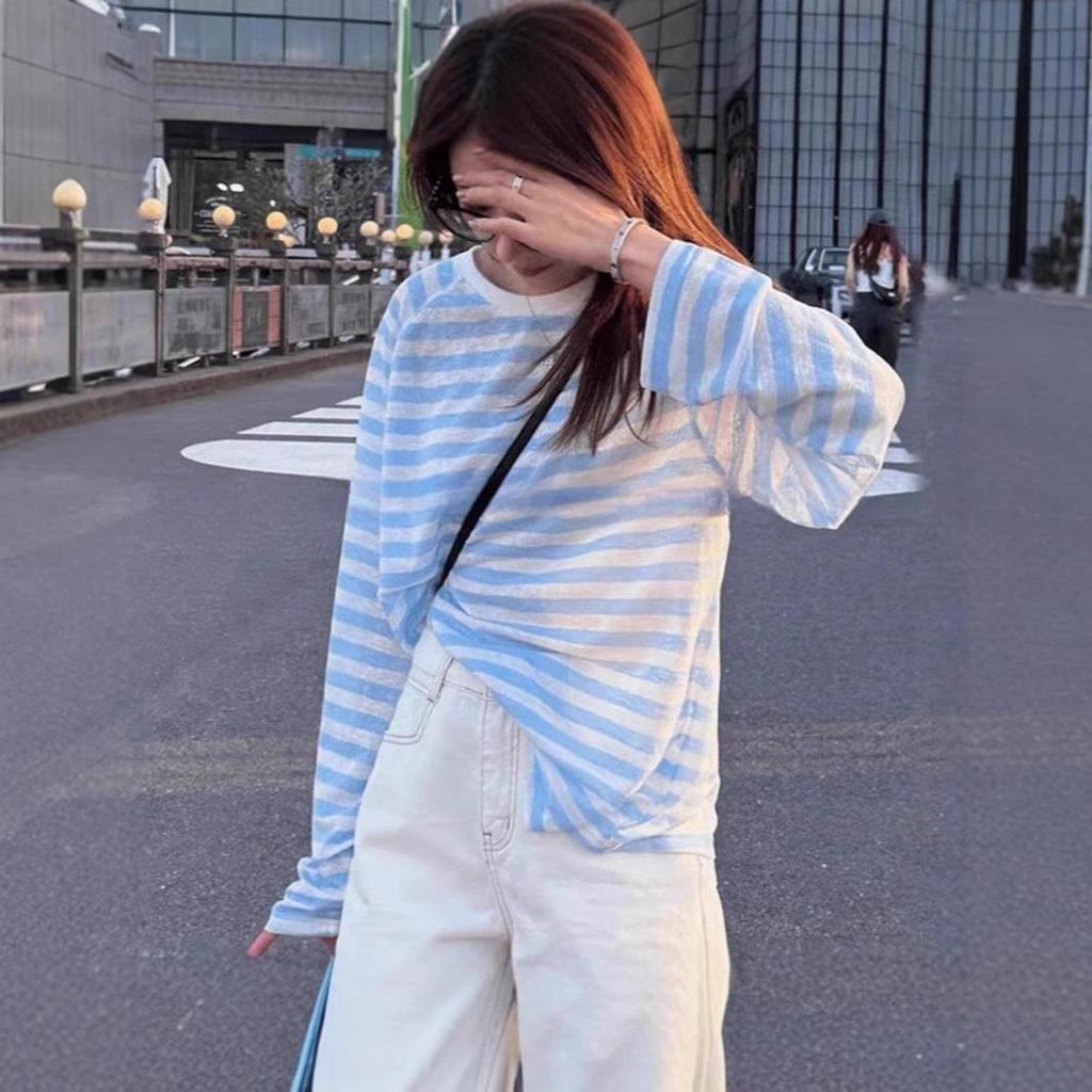 Women's 2024 Korean Retro Striped Color Block Sun Protection Long Sleeve Top