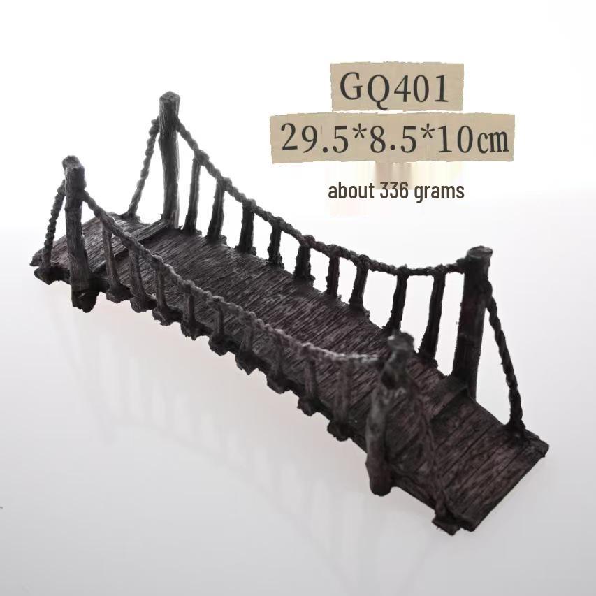 Fish Tank Decor: Artificial Mountain & Wooden Suspension Bridge Set