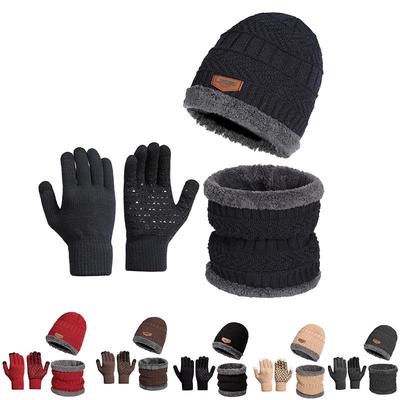 Men's Three-Piece Winter Set: Knitted Wool Hat, Scarf, and Touchscreen Gloves with Plus Velvet Warmth