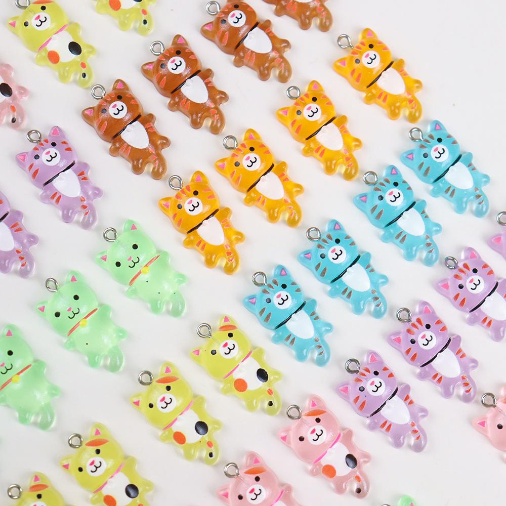 DW85 10pcs Mixed Cartoon Cute Cat Charms 3D Luminous Resin Animal Pendants For DIY Bracelet Necklace Jewelry Making Accessory