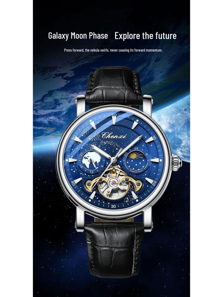 Dawn Star River Moon Phase Skeleton Tourbillon Men's Automatic Luminous Leather Strap Watch