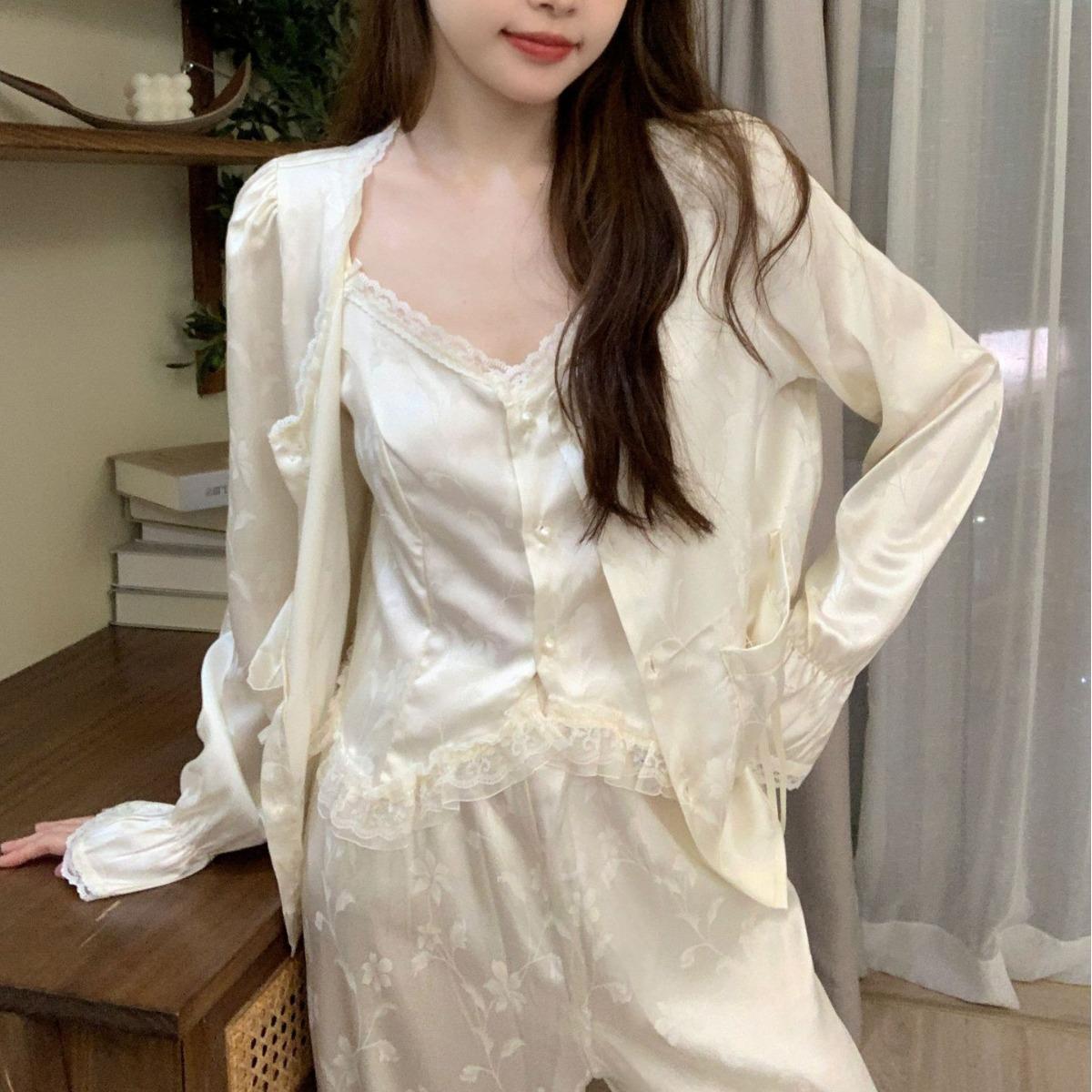 

Новая пижама Ice Silk Palace Style для девочек во французском стиле, весенние новые женские брюки с длинными рукавами, домашняя одежда, комплект из 3 предметов XXL белый