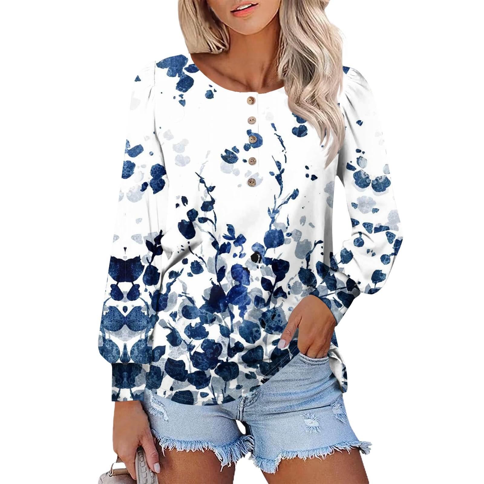 

Женские футболки с длинным рукавом и круглым вырезом, цветочные узоры, рубашки с рукавами-фонариками, блузки на пуговицах, топы S