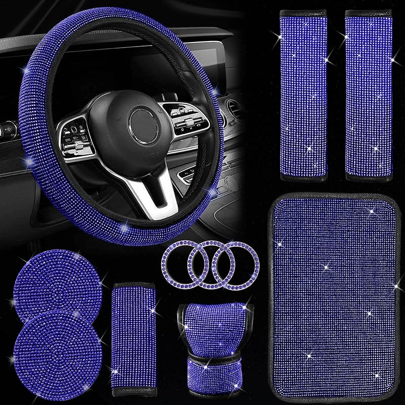 11 Pcs Bling Car Accessories Set,Bling Car Accessories Set For Women,Steering Wheel Cover For Women Universal Fit 15 Inch,Rhinestone Center Console