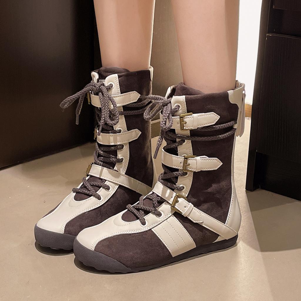 Fashion New Style Fashion Women's Luxury Flat Short Boots Shoes Women Winter Round Head Lace-up Flat Boots Plus Size Zapatos De Mujer