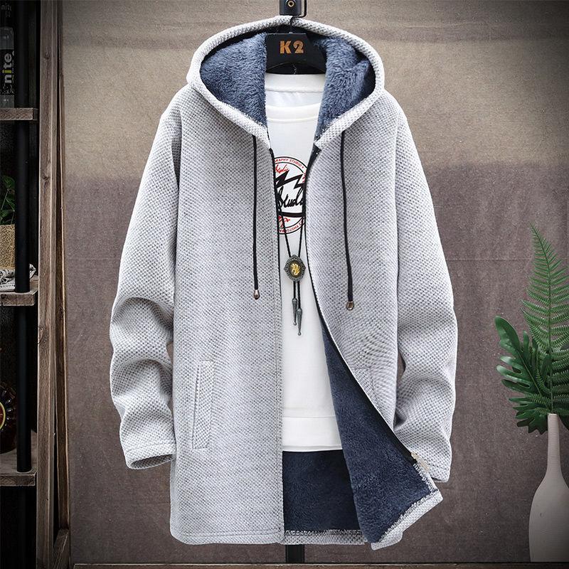 Autumn and Winter Plus Size Men's Thickened Padded Hooded Medium-length Loose Jacket Casual Comfortable Knitted Cardigan Outerwear