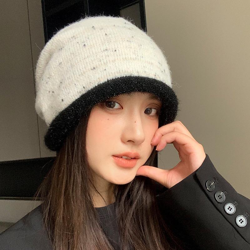 Autumn and winter ear protection warm bag head hat women's big head circumference showing face small pile hat color matching versatile knitted hat