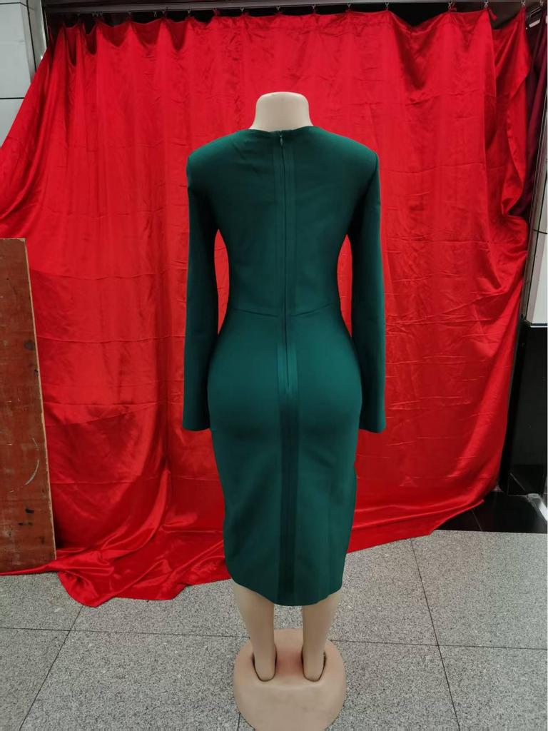 Damska Seksowna Sukienka Bandażowa z Koralikami i Długim Rękawem z Rozcięciem