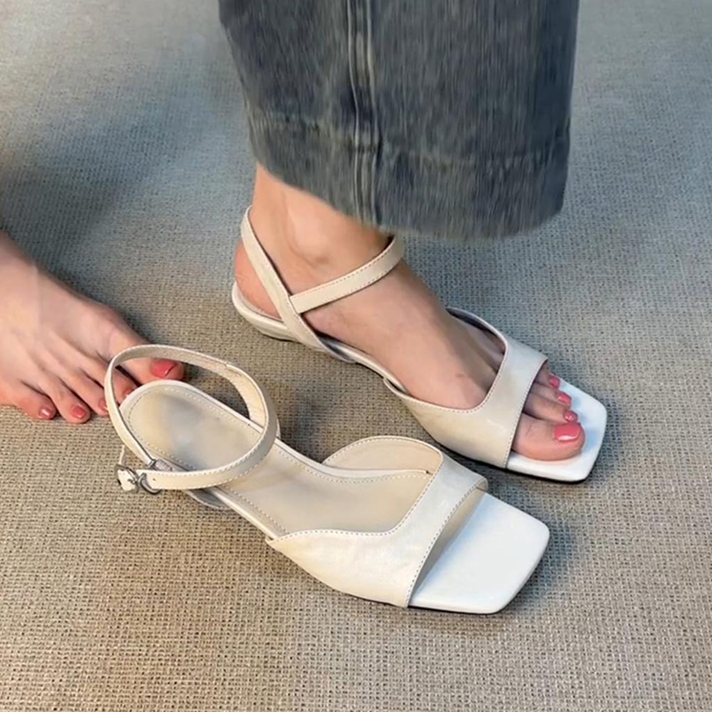 French Retro Simple One-word Buckle Sandals Women's New Versatile Low-heeled Hollow Roman Shoes