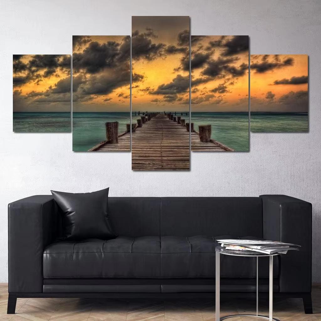 Beautiful Bali Ocean Sea Blue Tropical Palm Tree Canvas Painting Beach Clouds Posters 5 Piece Wall Art for Living Room Decor