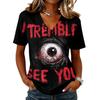 Women's Casual V Neck Pullover Short Sleeve Top Halloween Graphic Print Loose Fit Lightweight T Shirt for Everyday Wear