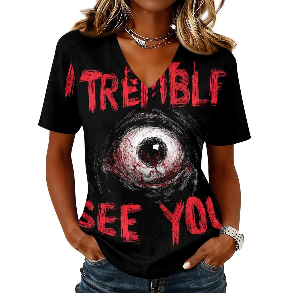 Women's Casual V Neck Pullover Short Sleeve Top Halloween Graphic Print Loose Fit Lightweight T Shirt for Everyday Wear