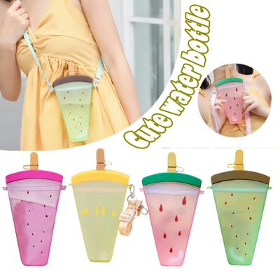Cute Watermelon Ice  Water Bottle With Straw, Leakproof Plastic Drink Cup